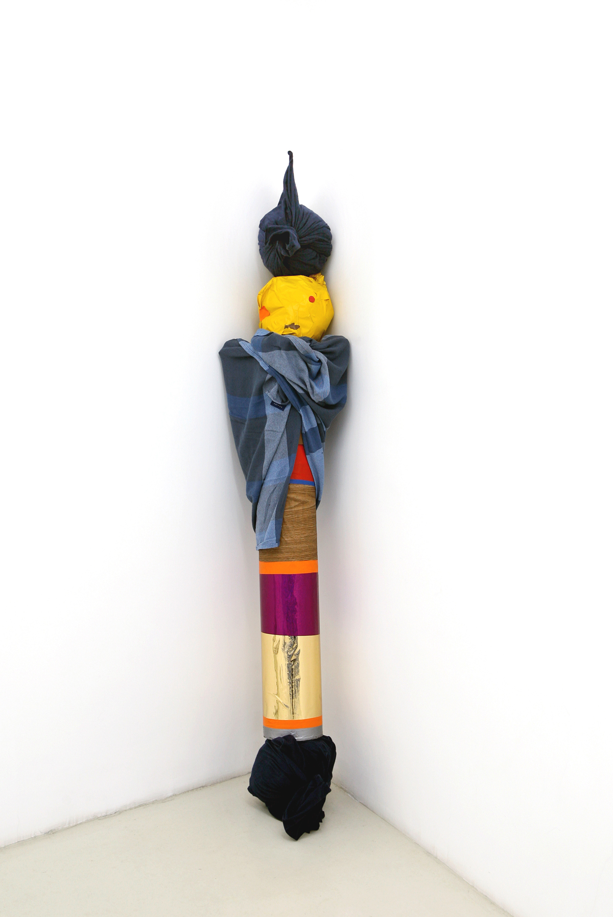 Kakashi or scarecrow stand-in, 2007, cloth, cardboard, adhesive vinyl, wood, cm 230 x 45