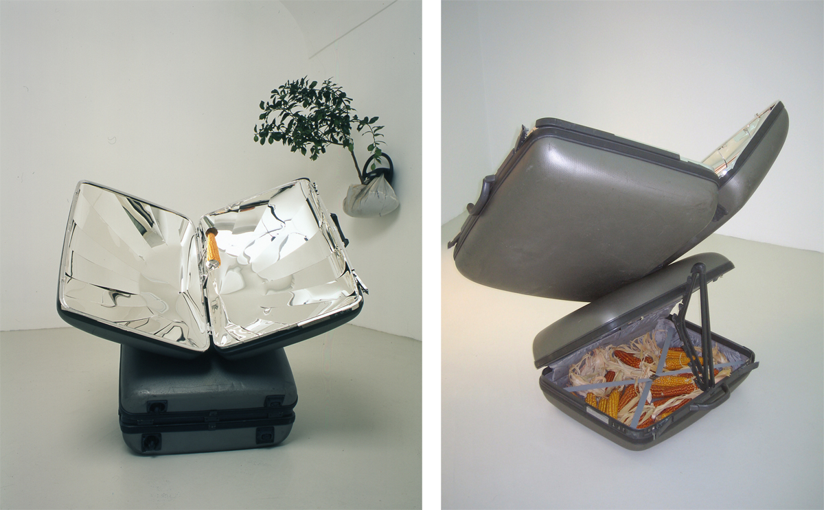 Eternal-Solar, 2005, silver plated aluminium, suitcases, corn cobs, cm 106x100x70