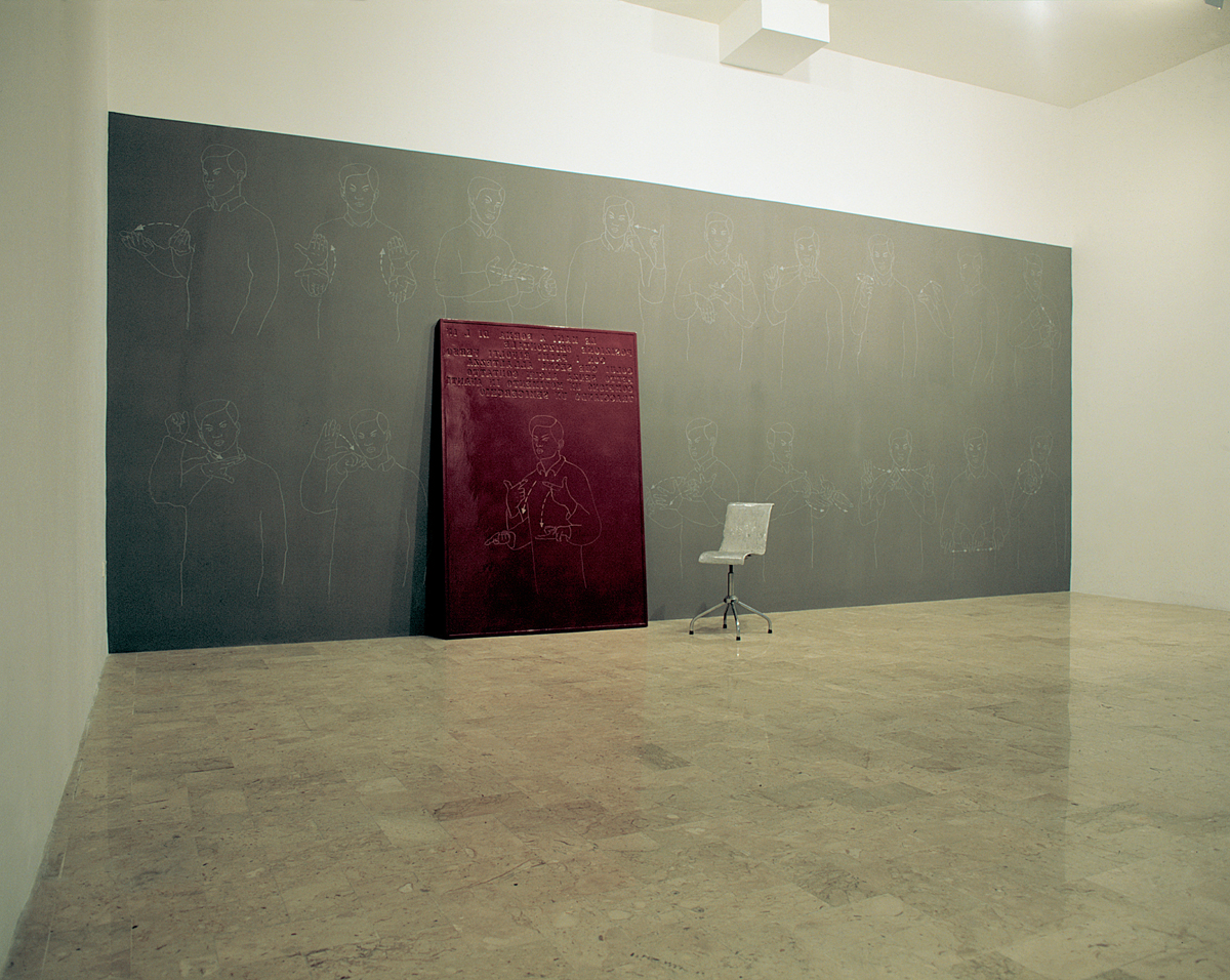 H. H. Lim, Parole, 2002, mixed media on wood and wall, chair