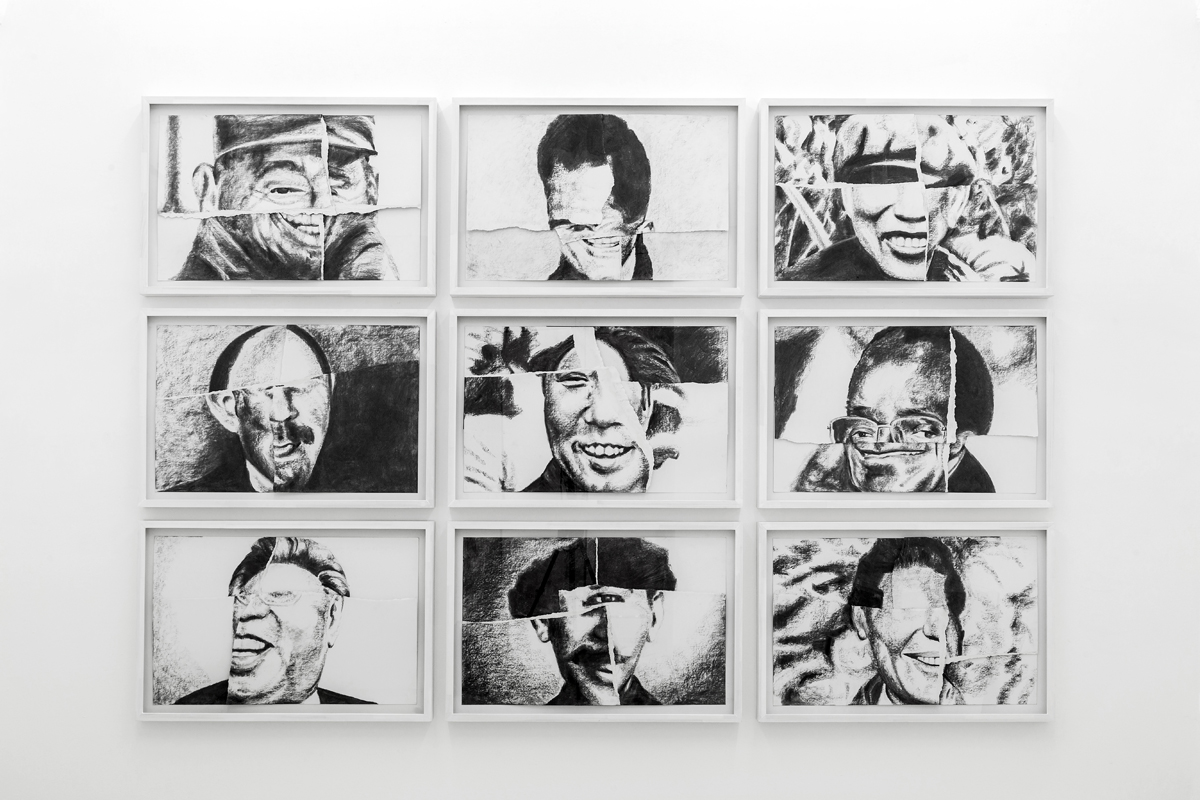 Nine smiling communists “Una risata e venti milioni di morti”, 2007, tear, carchoal on paper, wood, glass, cm 165x261