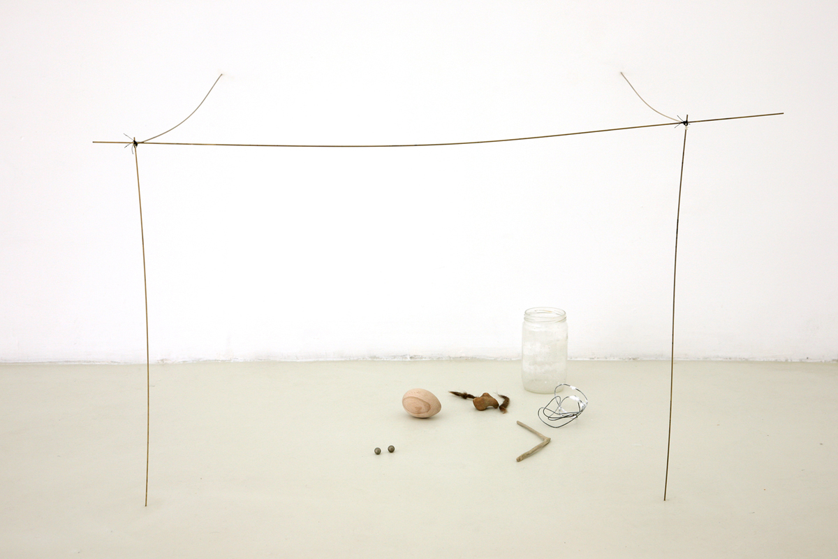 untitled, 2009, bronze, embroidery floss, silver, wood, salt, glass, hairs, cm 57x75x75