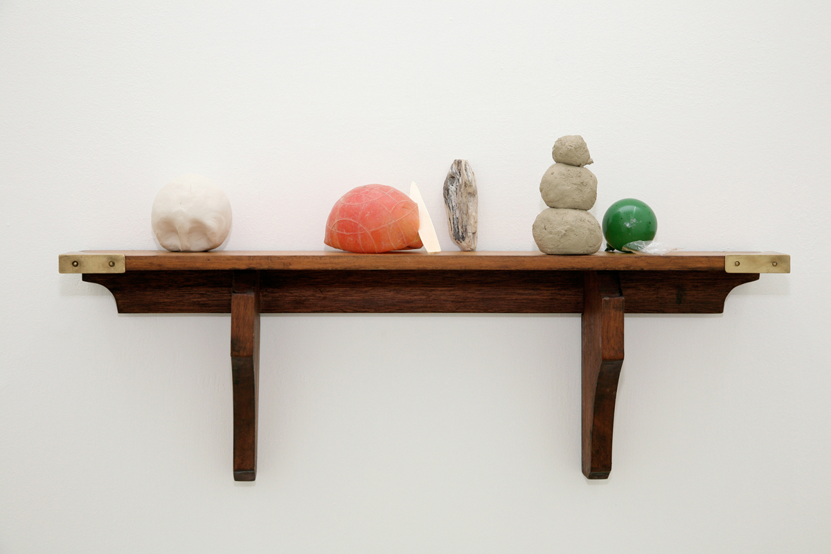 calendario delle semine, 2009, shelf chestnut, clay, plastic, ceramics, wood, river earth, painted glass, cellophane, brass, cm 30 x 60